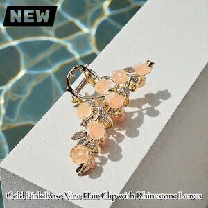 New Gold Pink Rose Vine Hair Clip with Rhinestone Leaves